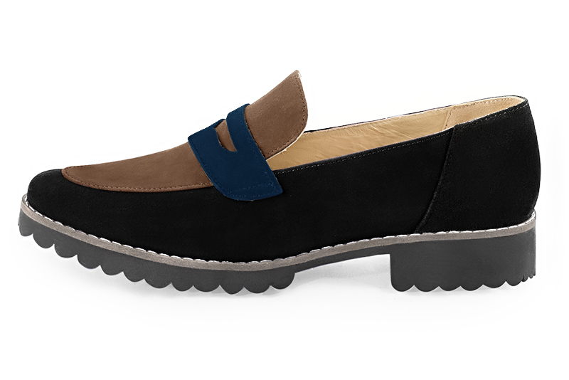 Matt black, chocolate brown and navy blue women's casual loafers. Round toe. Flat rubber soles. Profile view - Florence KOOIJMAN